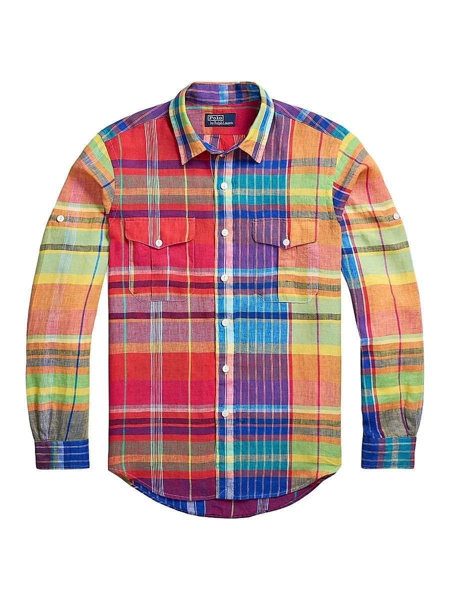 Men's Classic-Fit Plaid Linen Workshirt - Red Yellow Multi - Size Small