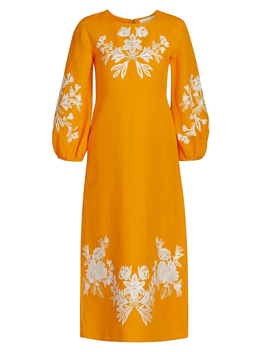 Women's Amaira Embroidered Linen-Blend Midi-Dress - Marigold - Size 4