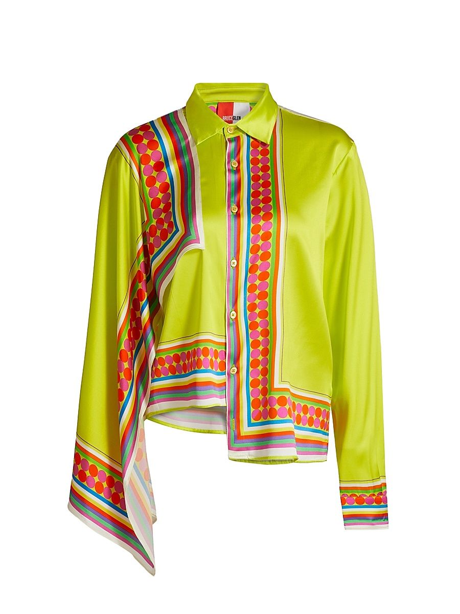 Women's Scarf-Printed Asymmetric-Hem Shirt - Electric Yellow - Size Small