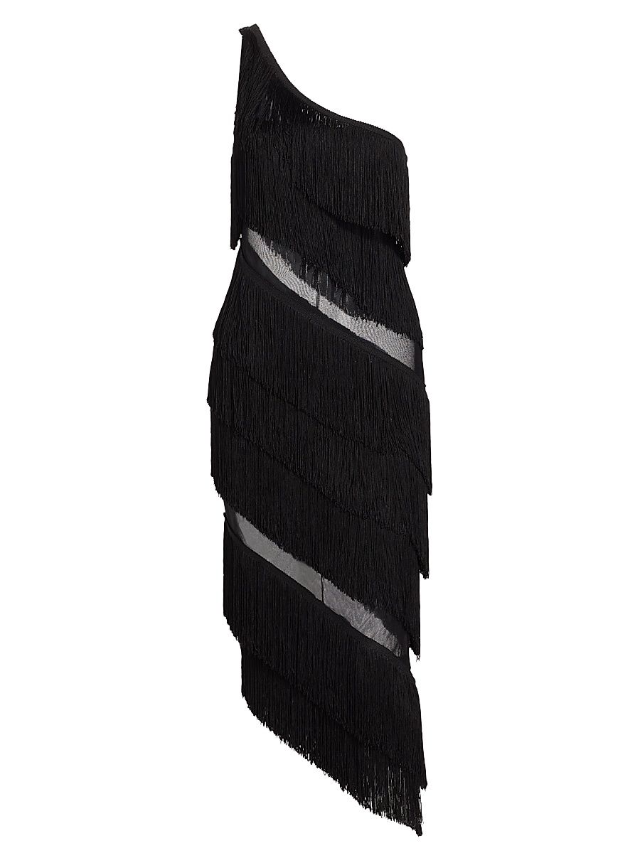 Women's Spliced One-Shoulder Fringe Midi-Dress - Black - Size Medium