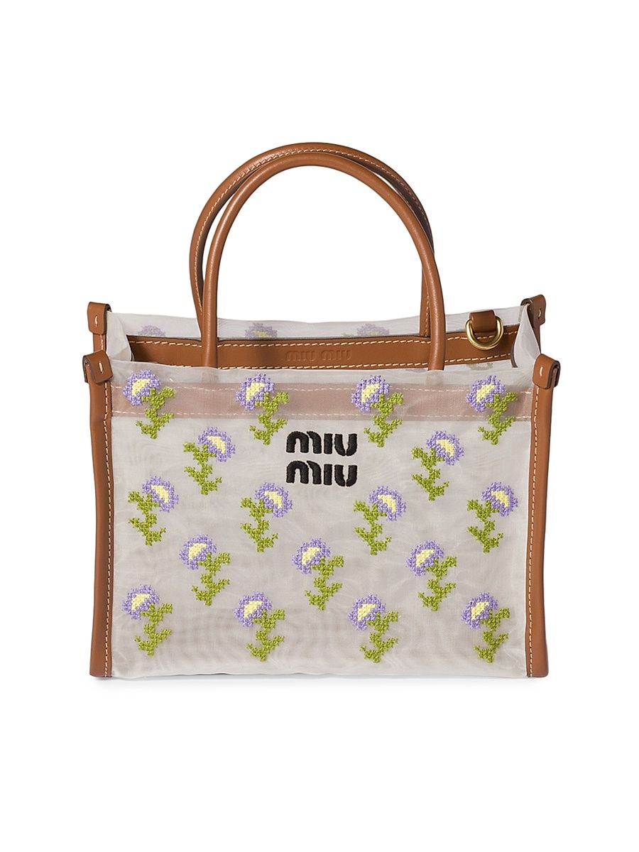Women's Embroidered Mesh Top-Handle Bag - Brown