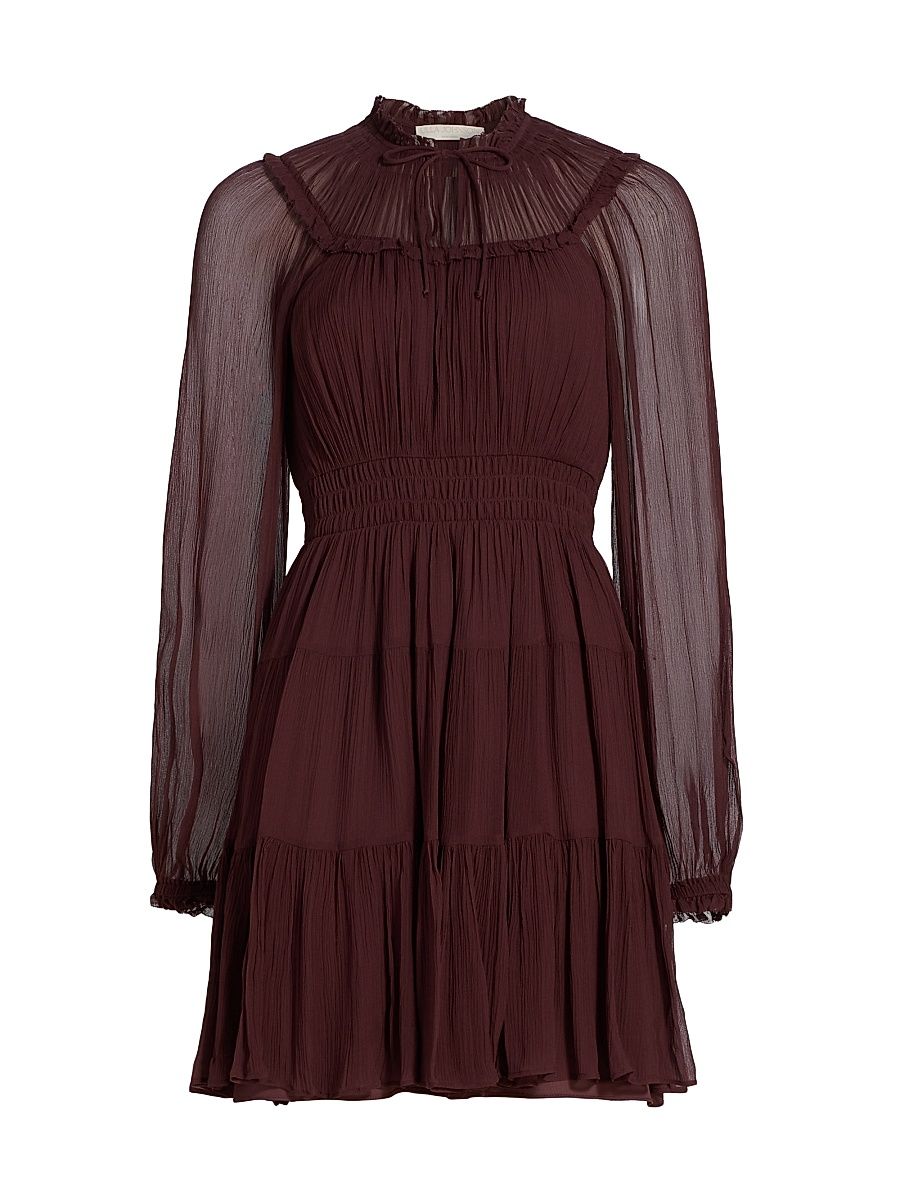Women's Ava Silk Tiered Long-Sleeve Minidress - Mahogany - Size 10