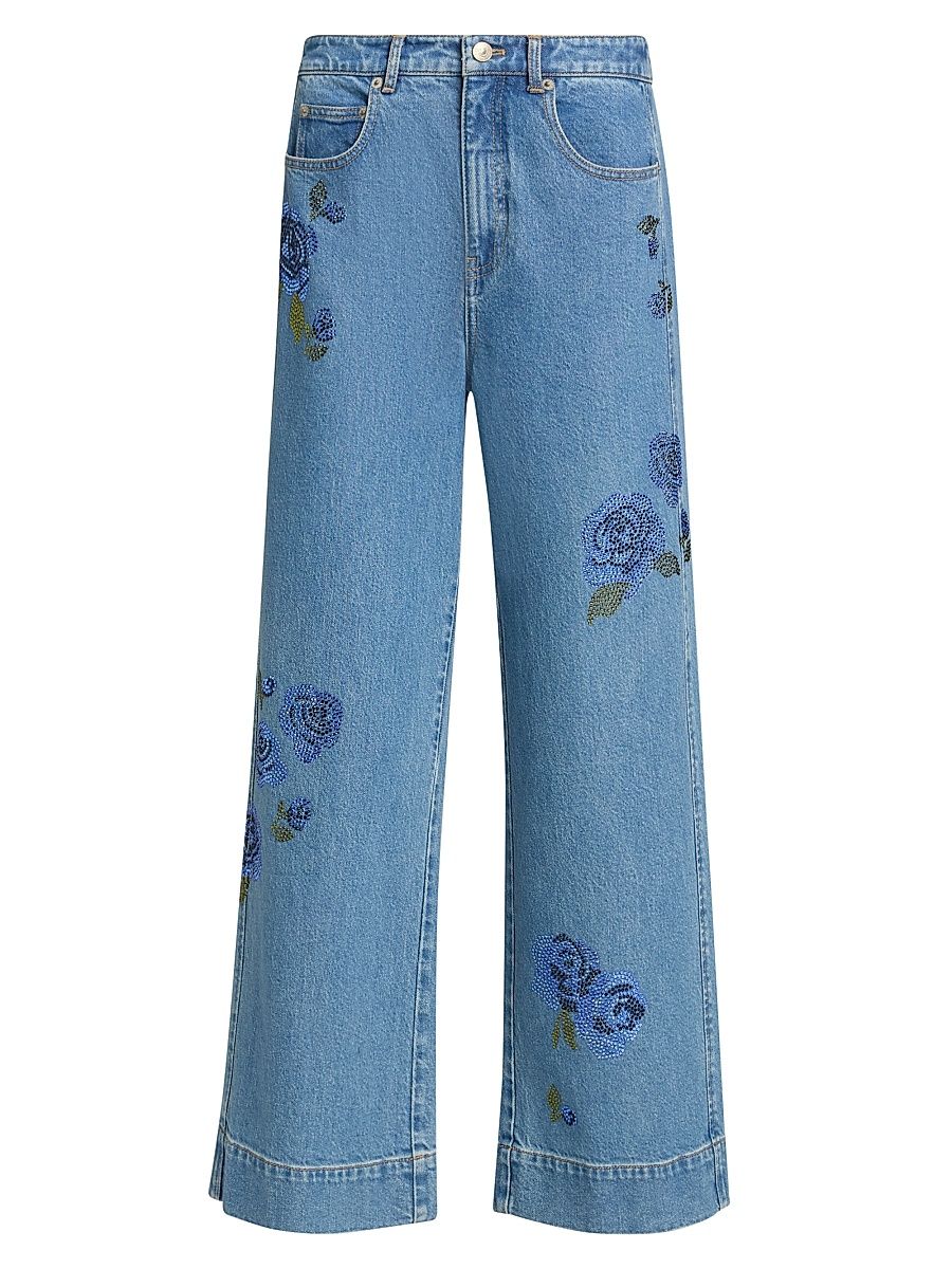 Women's Betsy Crystal Roses Crop Wide-Leg Jeans - Horizon Multi - Size 14