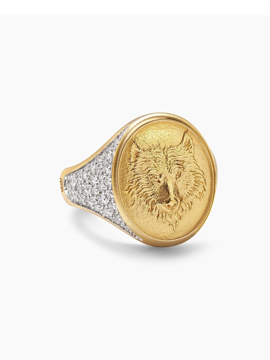 Men's Petrvs Wolf Signet Ring in 18K Yellow Gold - Diamond - Size 8