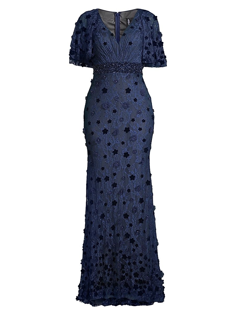 Women's Floral Embellished V-Neck Gown - Midnight - Size 16