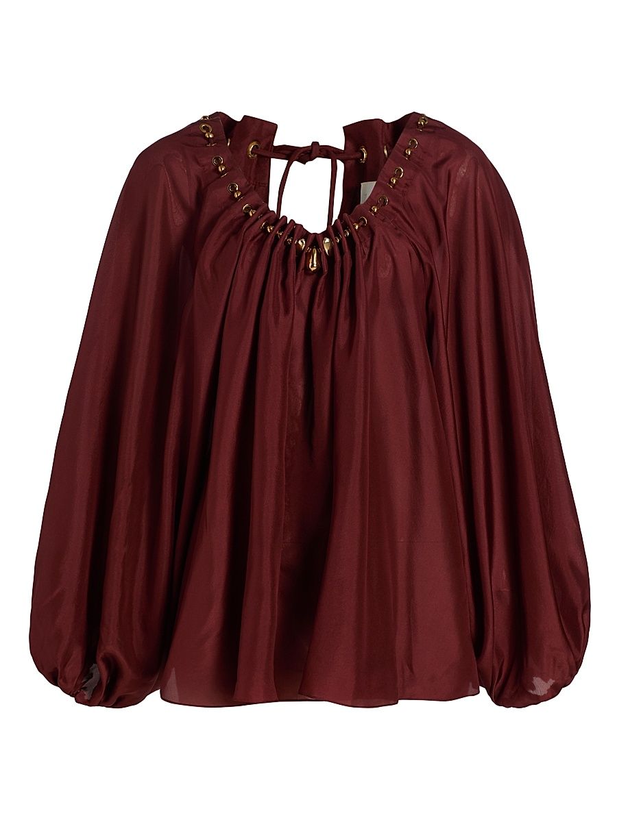 Women's Aster Bead-Detail Gathered Silk Blouse - Merlot - Size 10