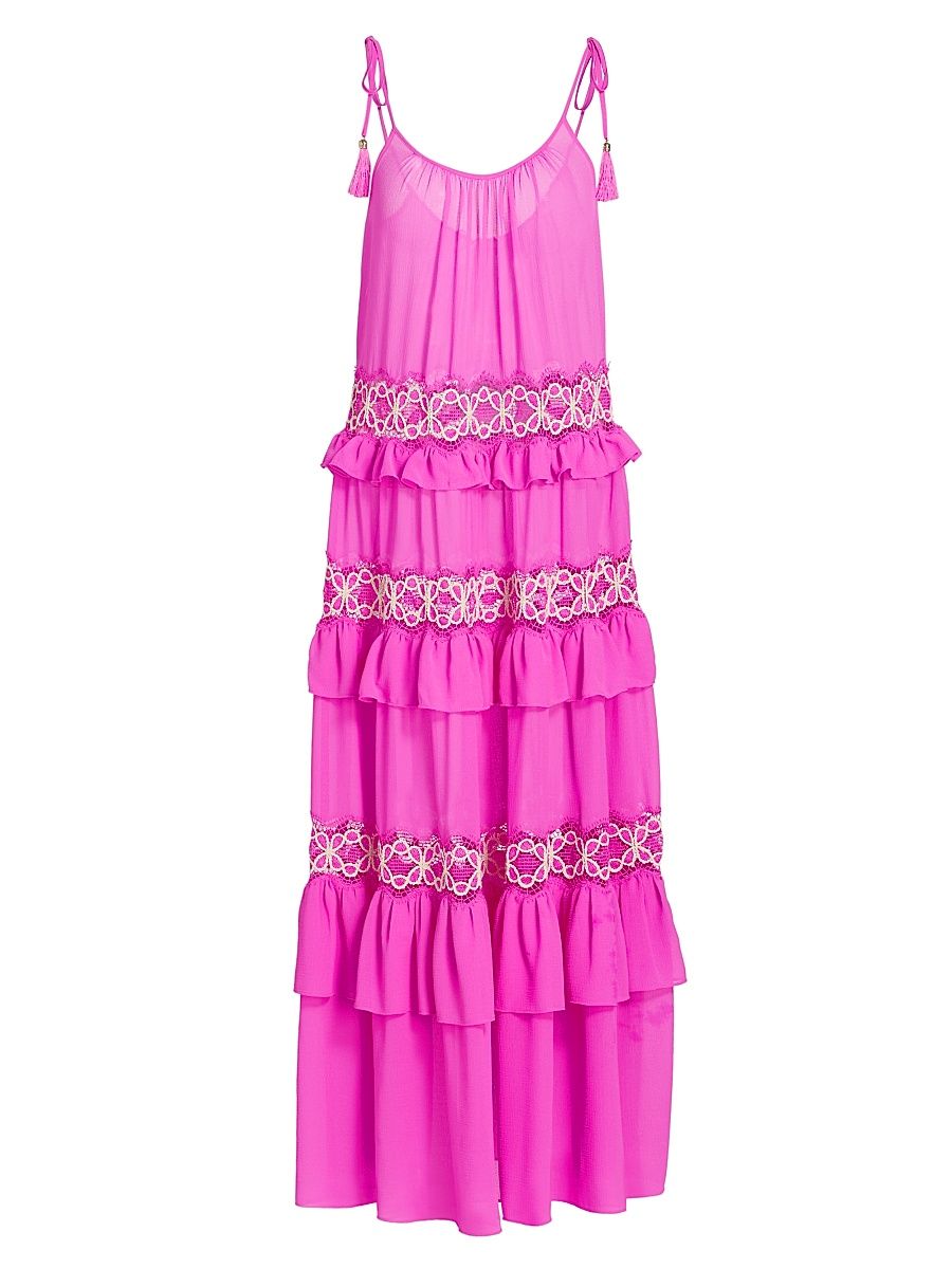Women's Lisbeth Embroidered Tiered Cover-Up Dress - Radiant Pink - Size Large