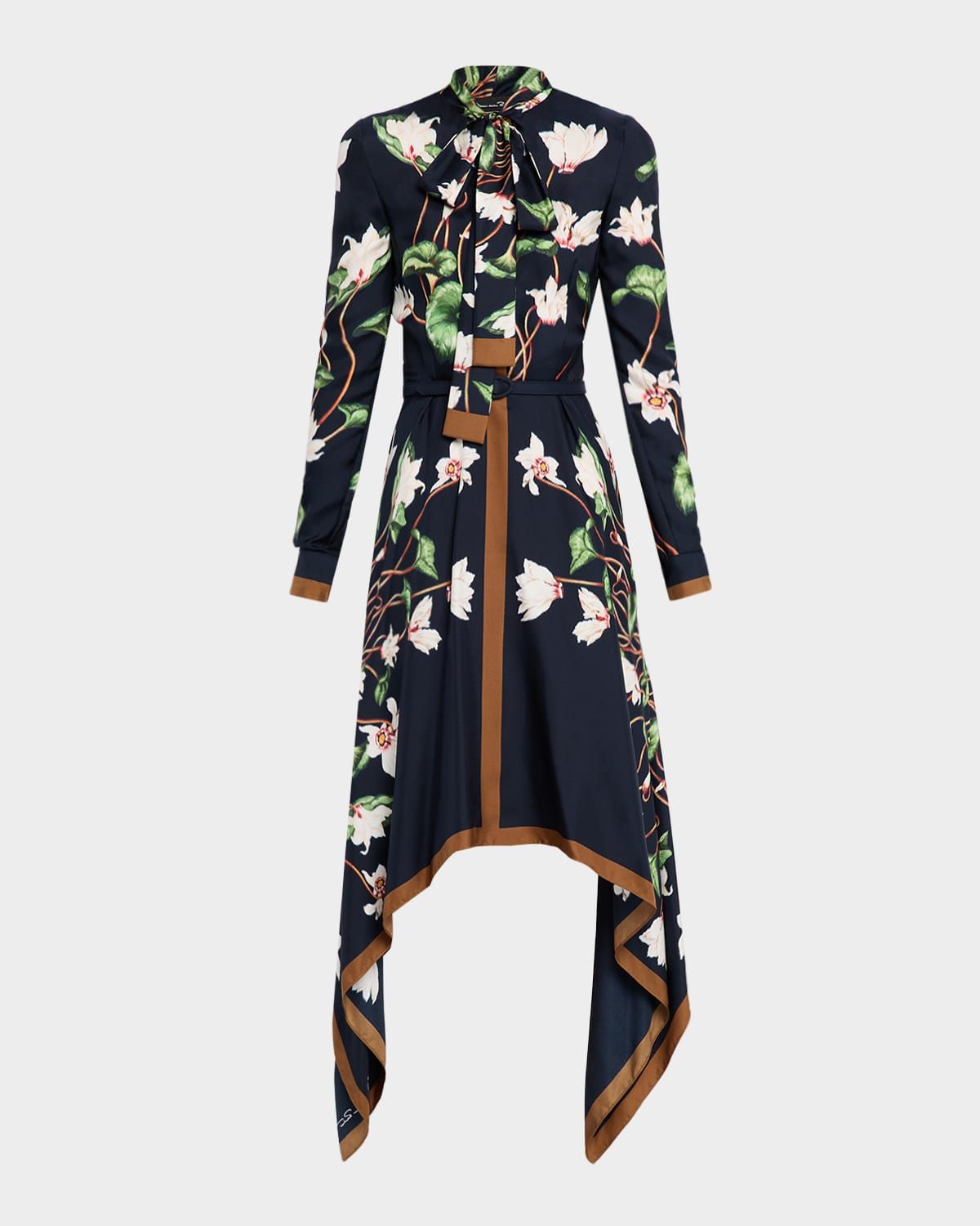 Long-Sleeve Chine Cyclamen Silk Twill Handkerchief Dress