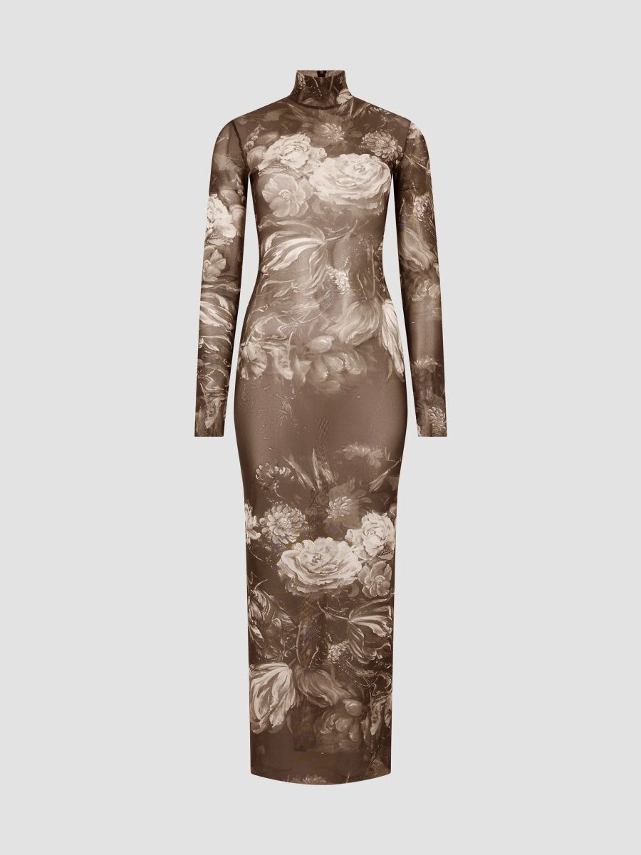 Roberto Cavalli Women's Printed Sheer Maxi Dress - Black Dark Grey - Size 4
