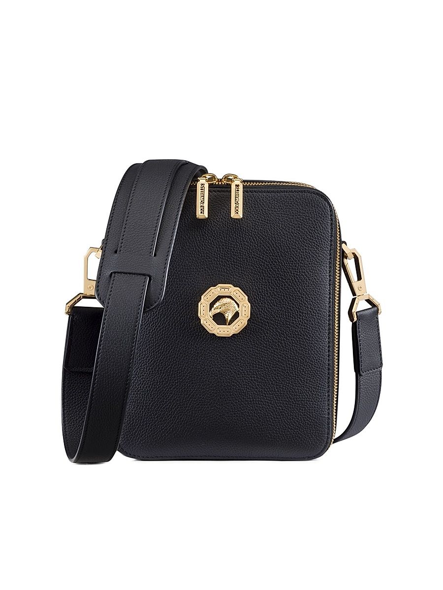 Men's Calfskin Leather Messenger Bag - Black