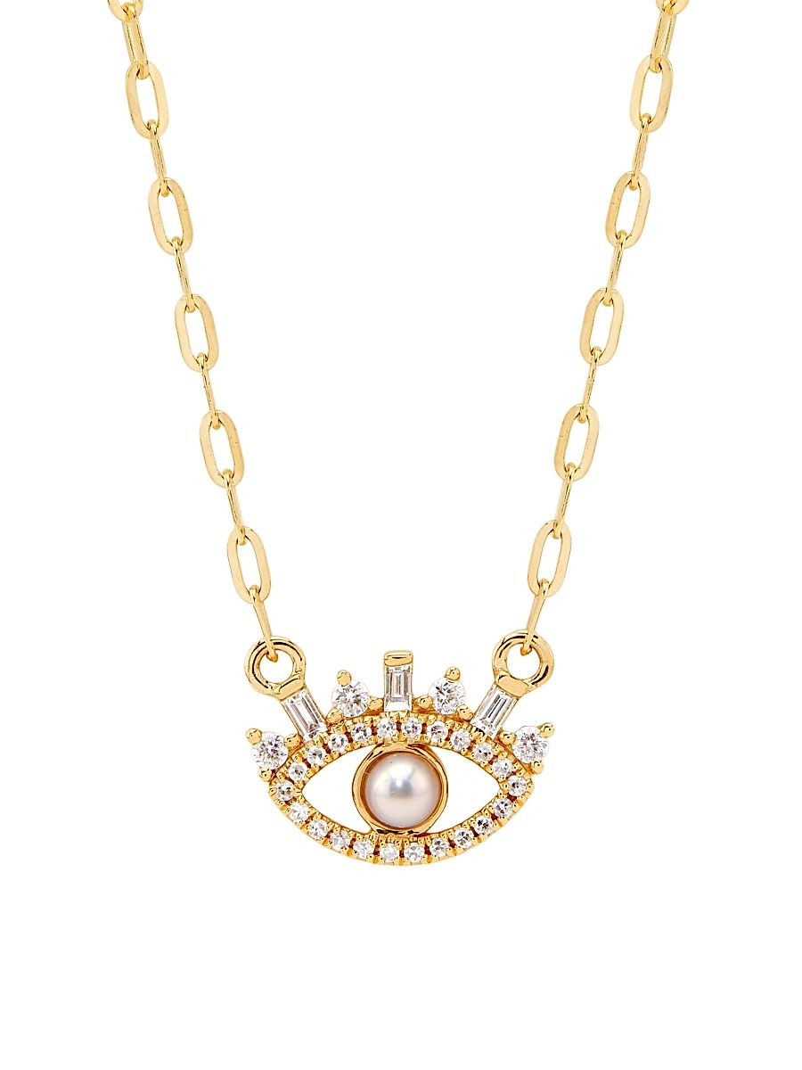 Women's 14K Yellow Gold, 0.16 TCW Diamond & Cultured Freshwater Pearl Eye Pendant Necklace - Gold