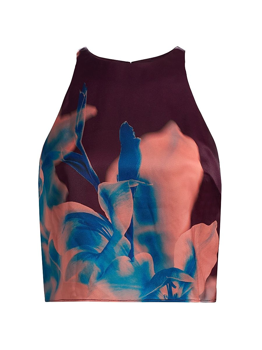Women's Kisha Floral Crop Halter Top - Cerulean Orchid - Size XL