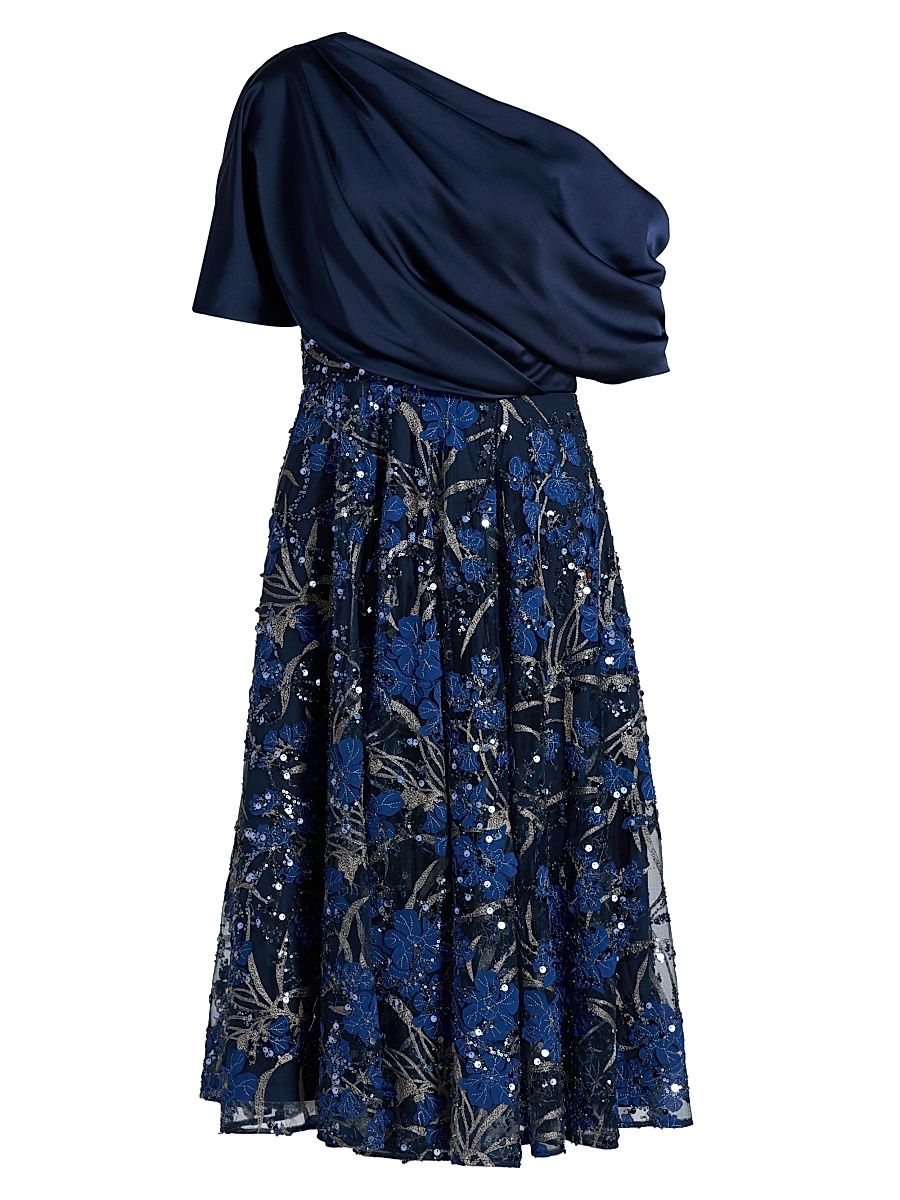 Women's Embellished One-Shoulder Midi-Dress - Navy - Size 12