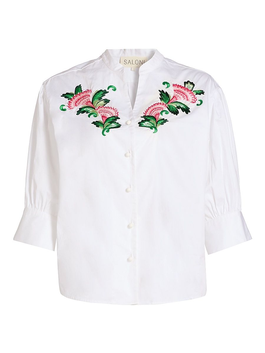 Women's Tavi Floral-Embroidered Button-Front Shirt - White Fan Flower - Size 14