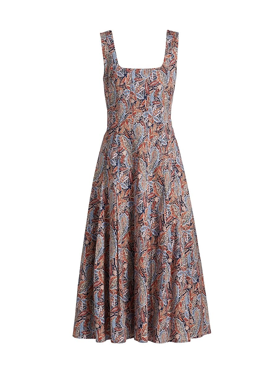 Women's Jolie Pleated Paisley Stretch Cotton Midi-Dress - Navy Multi - Size 2