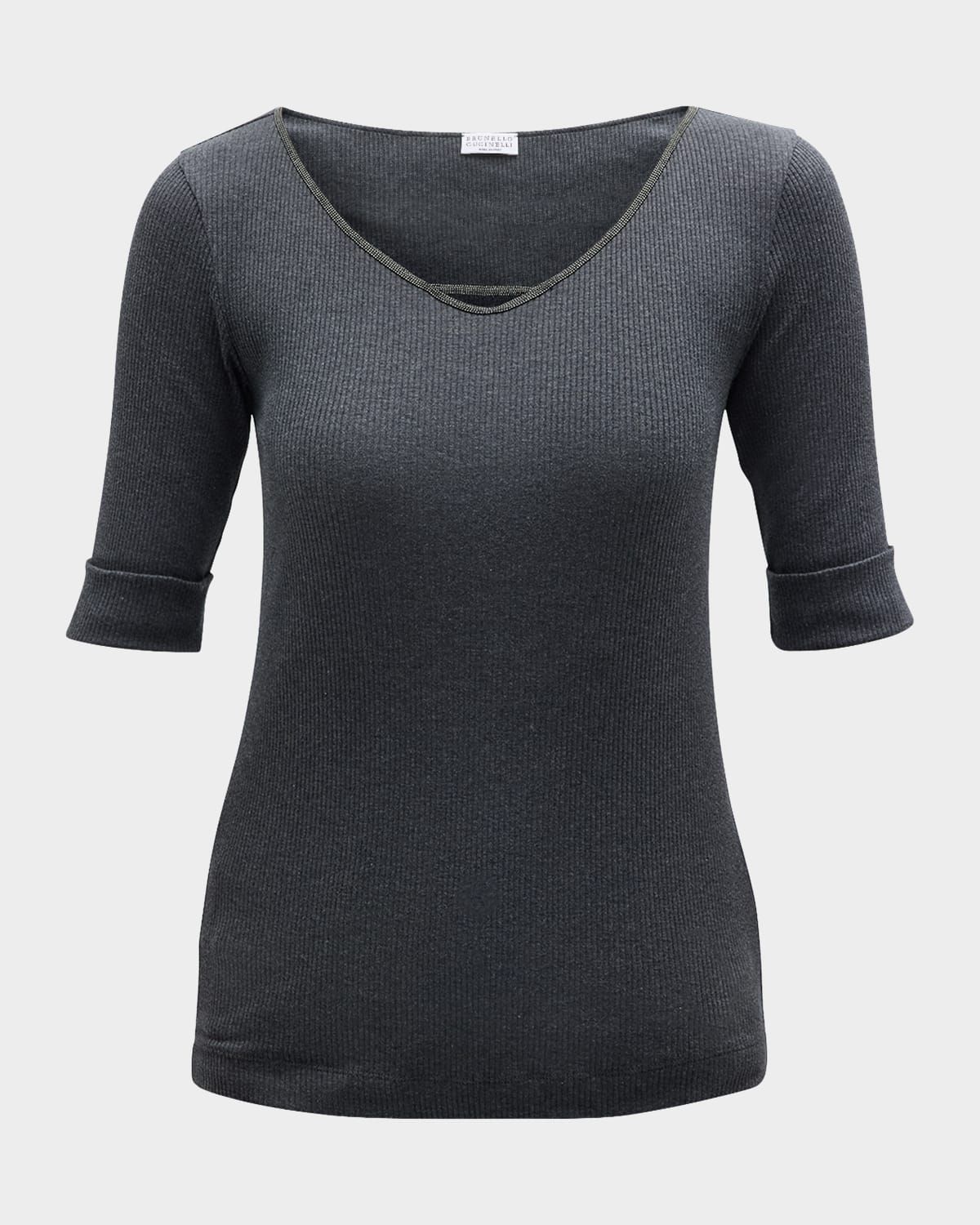 Cotton Stretch Ribbed Top with Monili Neckline