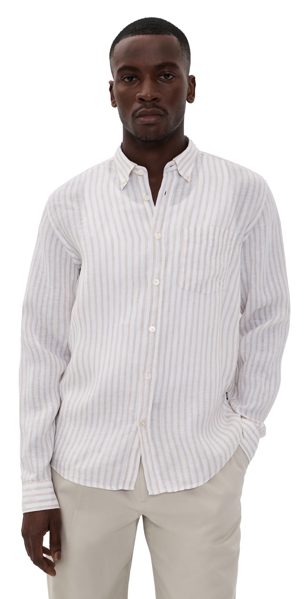 BOSS Long Sleeve Linen Collared Shirt Open Beige S