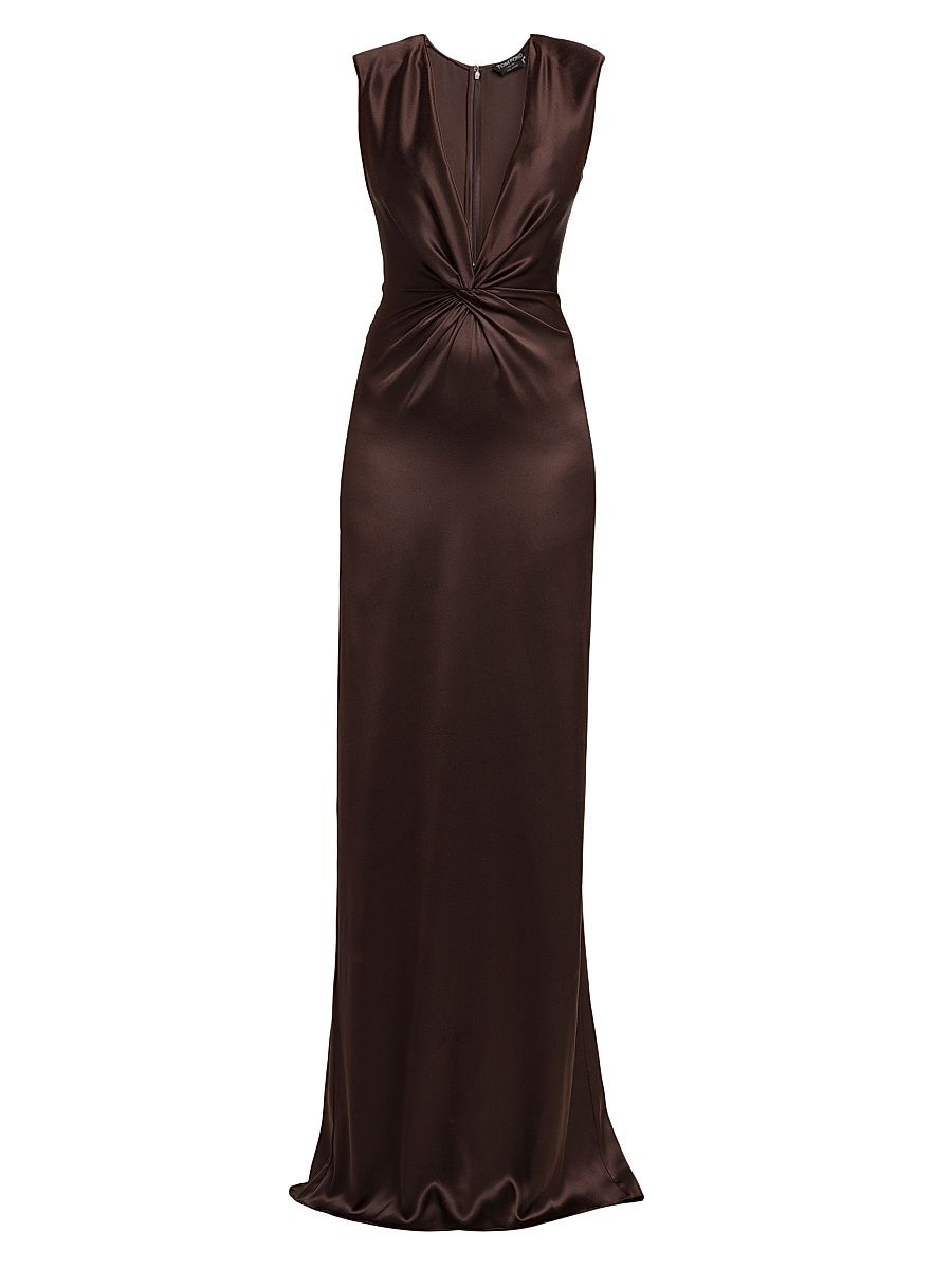 Women's Satin Silk Twist Column Gown - Golden Brown - Size 8