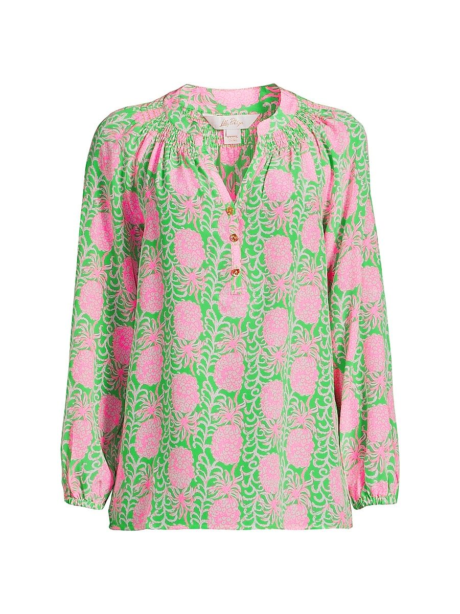 Women's Printed Silk Blouse - Fauna Green - Size Small
