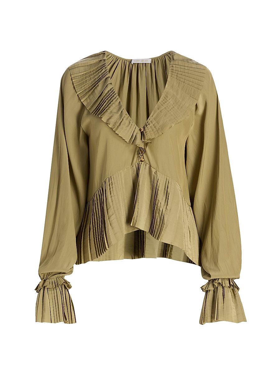 Women's Jacklyn Pleated Ruffle Blouse - Safari - Size Large