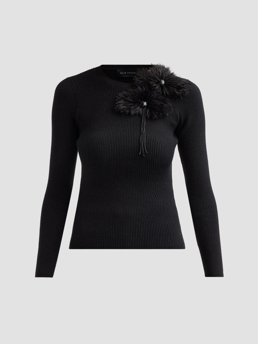 Elie Tahari Women's Arianna Brooch Rib-Knit Crewneck Sweater - Noir - Size XL