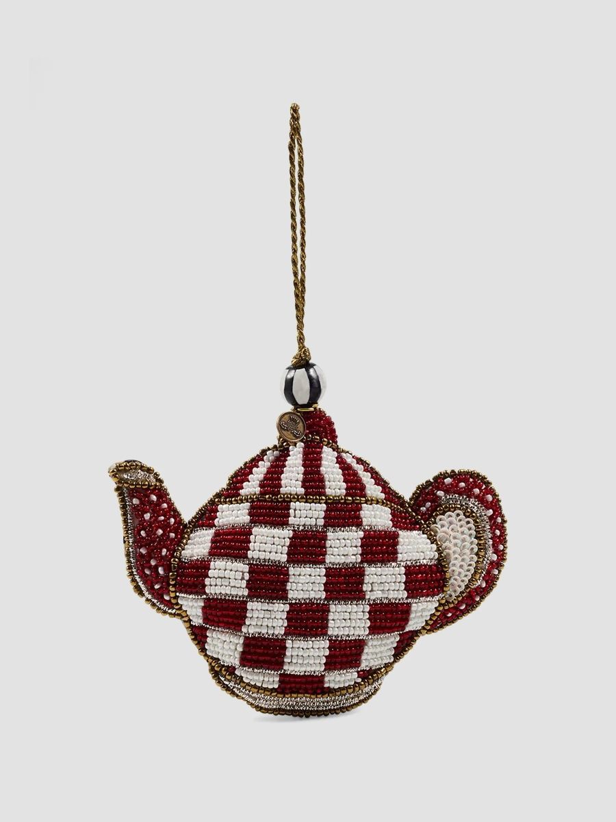 MacKenzie-Childs Merry Christmas Cherry Check Beaded Teapot Ornament