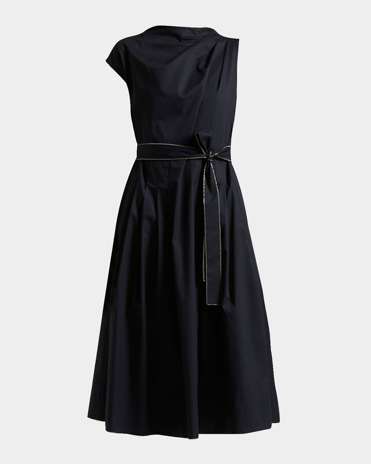 Asymmetric Pleated Funnel-Neck Midi Dress