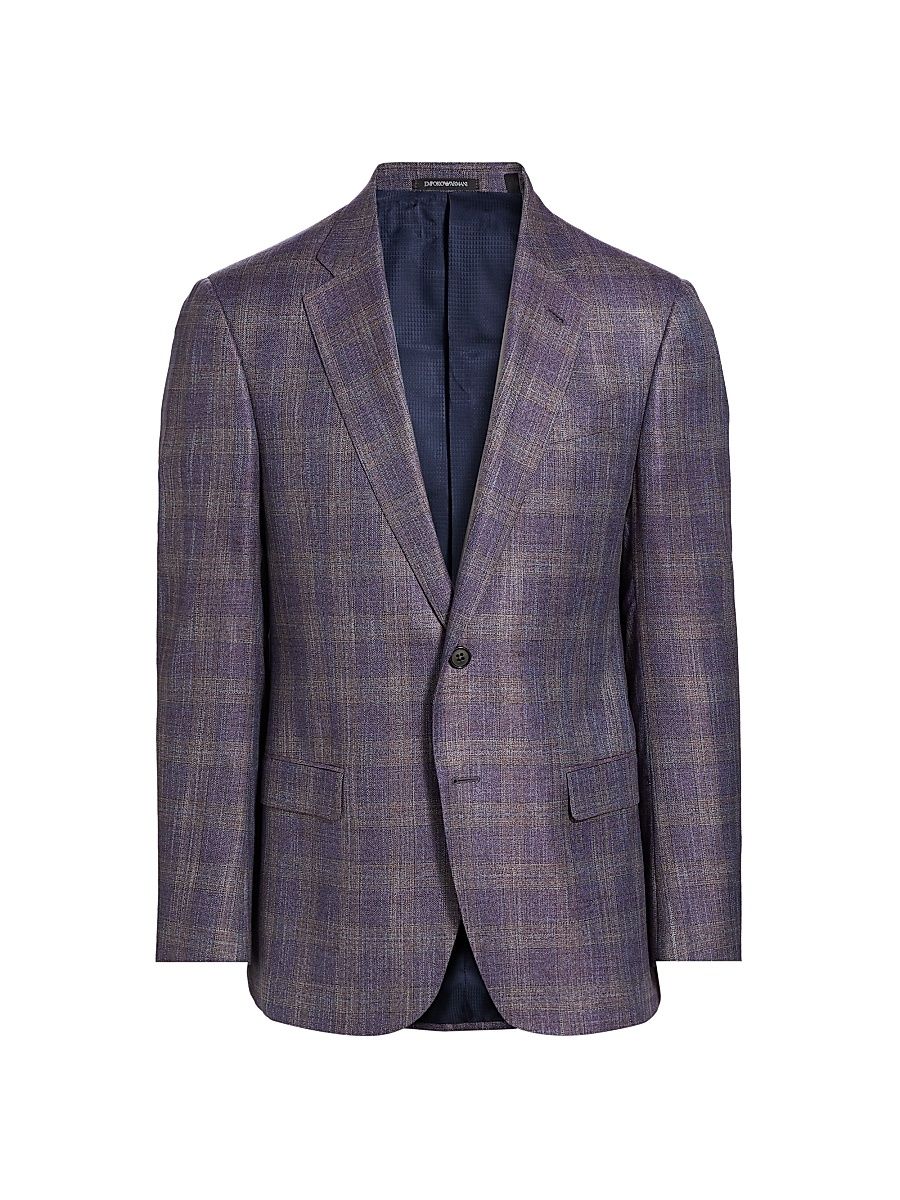 Men's Checked Single-Breasted Blazer - Purple - Size 38