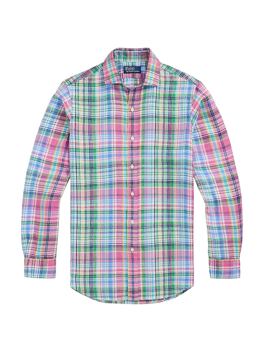 Men's Classic Fit Plaid Linen Shirt - Pink Blue Multi - Size XXL
