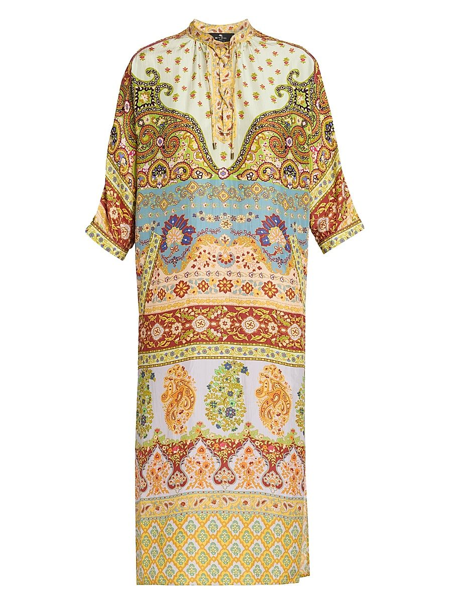 Women's Floral Silk Lace-Up Tunic Midi-Dress - Printed Azure Base - Size 10