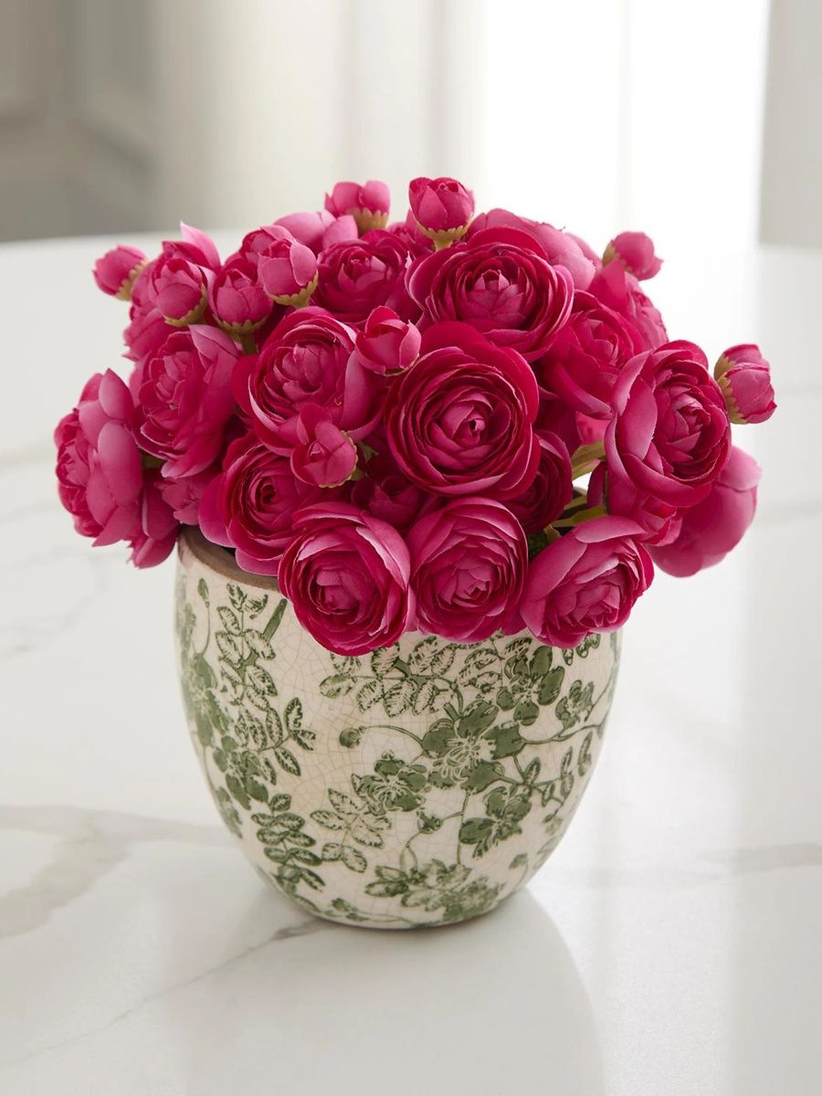 Baby Ranunculus 8" Faux Floral Arrangement in Ceramic Pot - Pink
