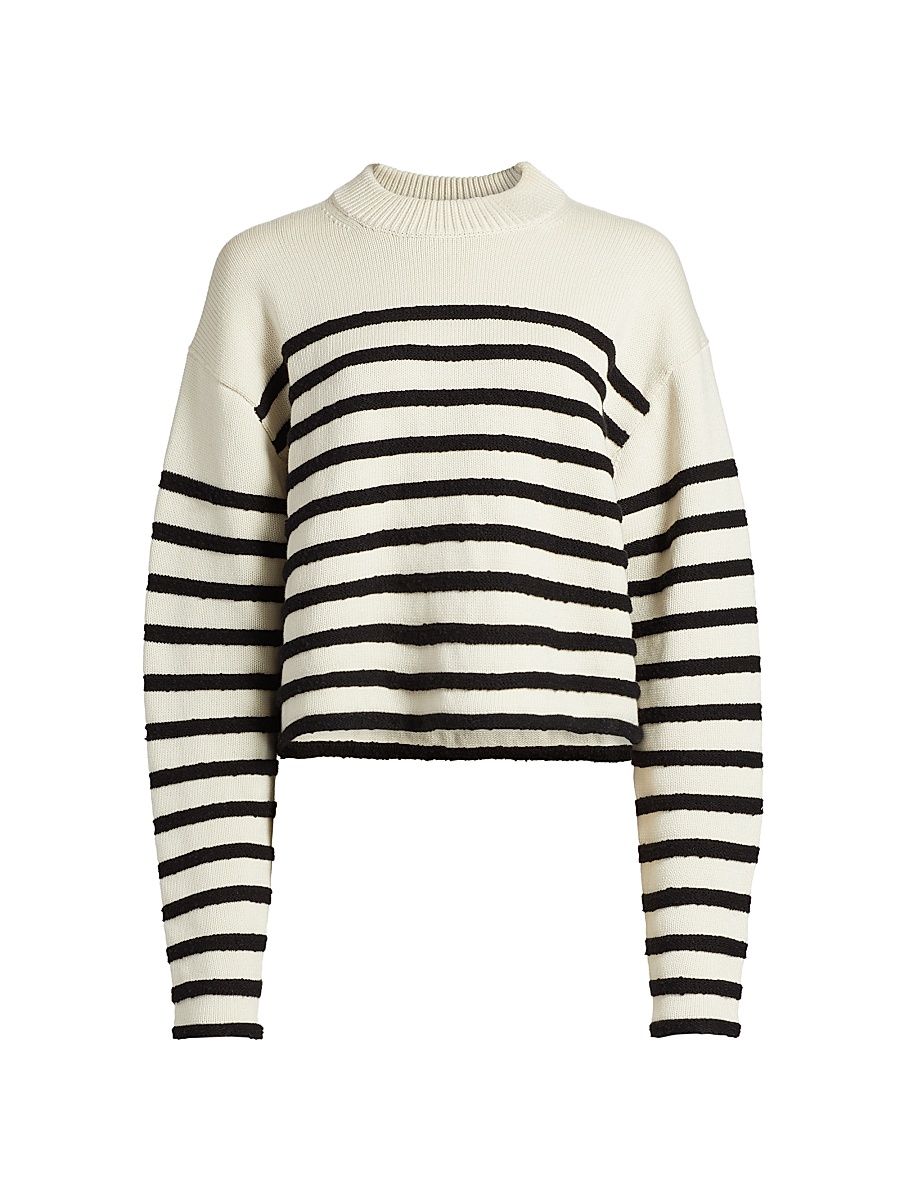 Women's Striped Cotton-Blend Crewneck Sweater - White Black - Size XL