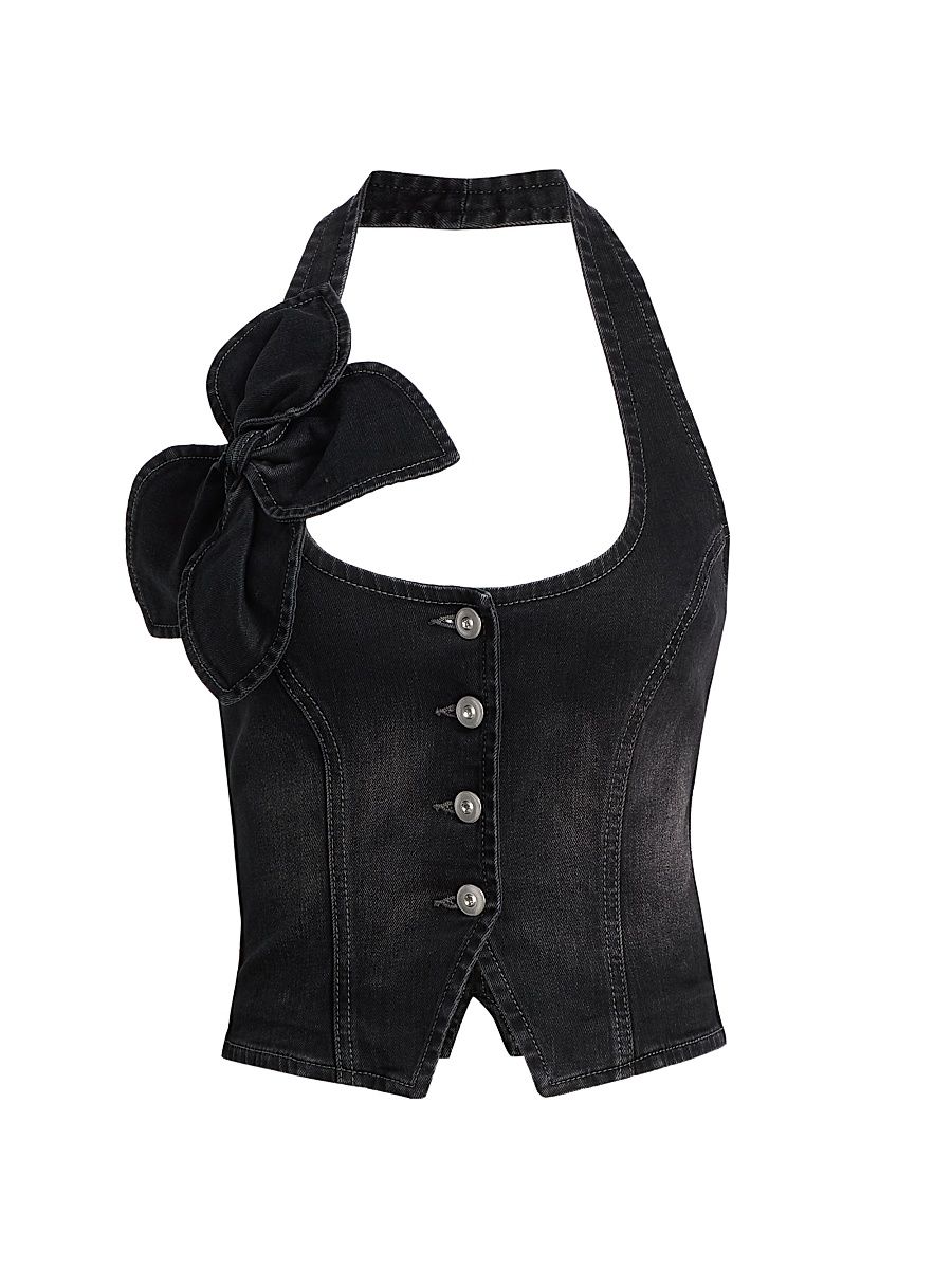 Women's Denim Bow Halter Top - Washed Black - Size 6
