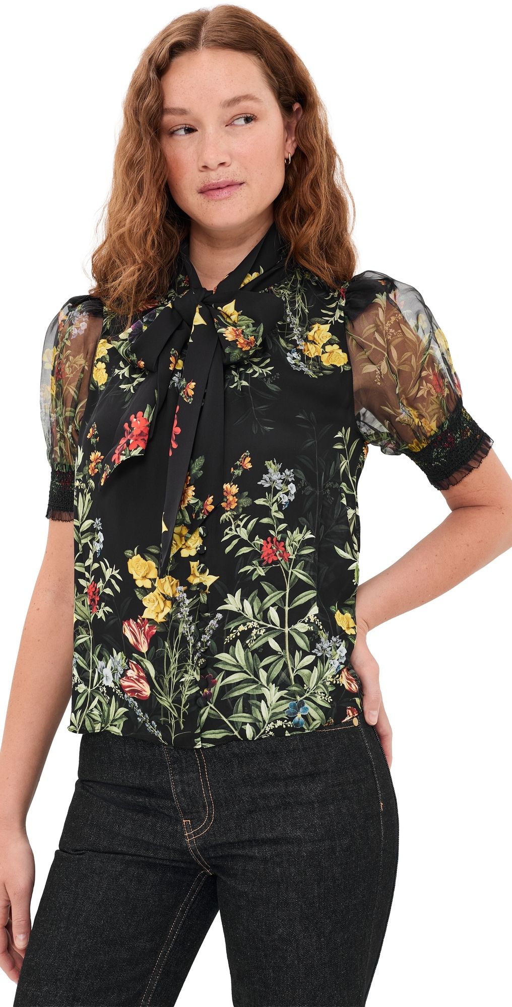 ALICE + OLIVIA Brentley Tie Blouse DESERT SPRIGS BLACK XS