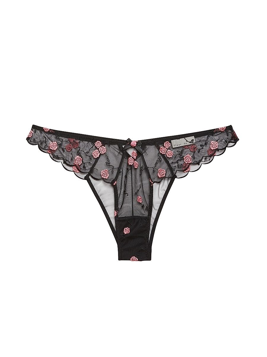 Women's Rose Vine Embroidered Cheeky Panty - Black - Size Large