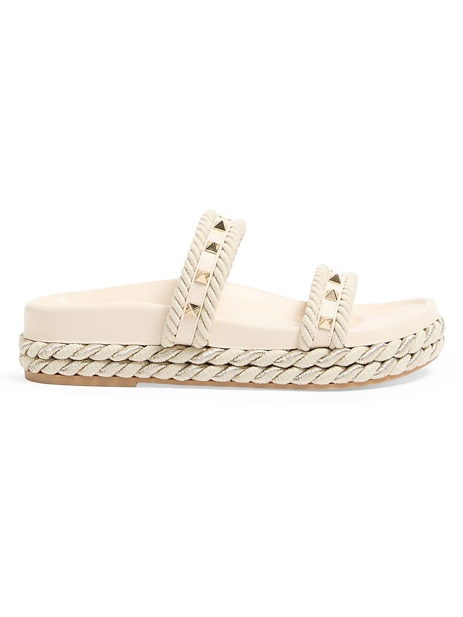 Women's Rockstud 20MM Slide Sandals in Calfskin - Light Ivory - Size 5