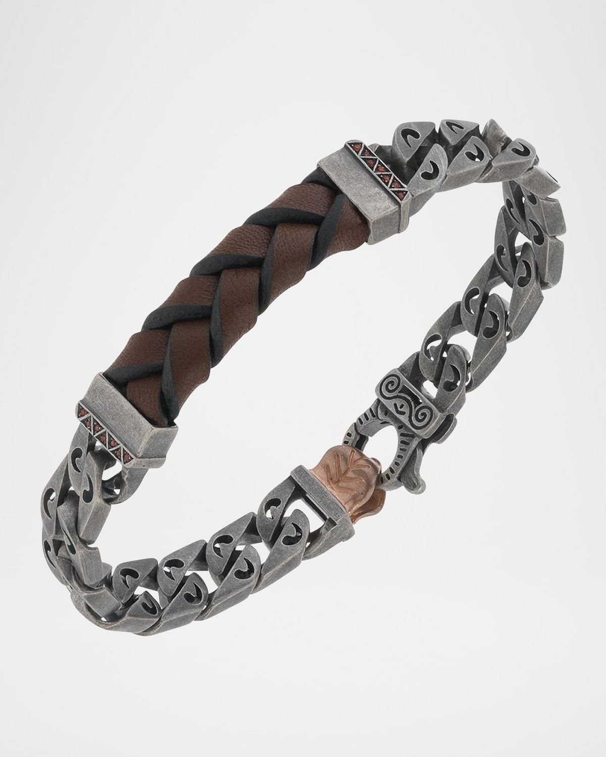 Men & apos;s Flaming Tongue Leather Chain Bracelet with Orange Sapphires, Oxidized Silver