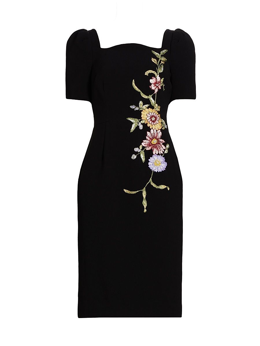 Women's Floral-Embroidered Crepe Cocktail Dress - Black Multi - Size 6