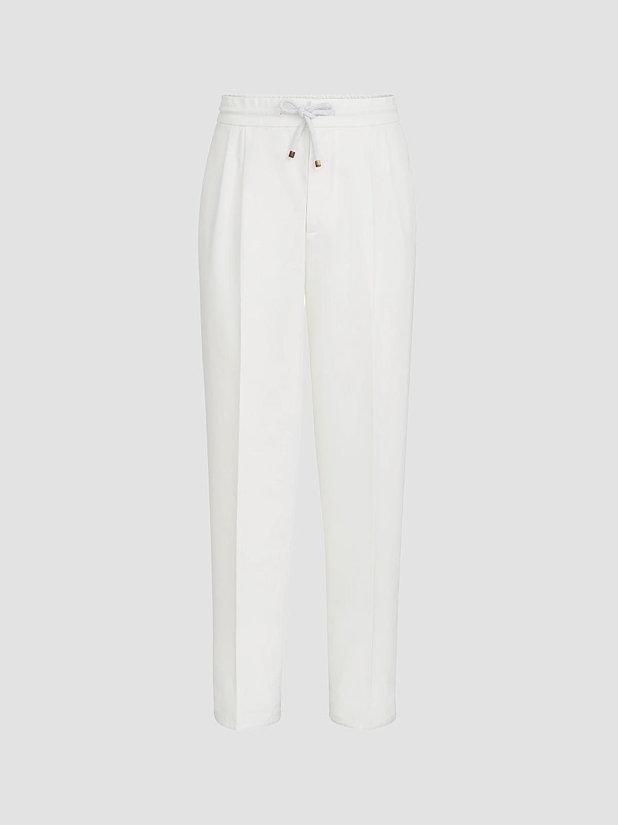Men's Cotton Gabardine Trousers with Drawstring and Double Pleats - Snow - Size 32