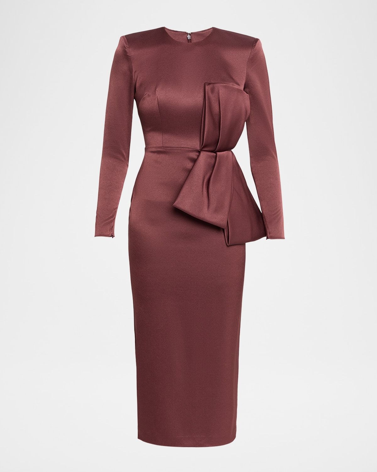Bow Satin Crepe Long-Sleeve Midi Dress