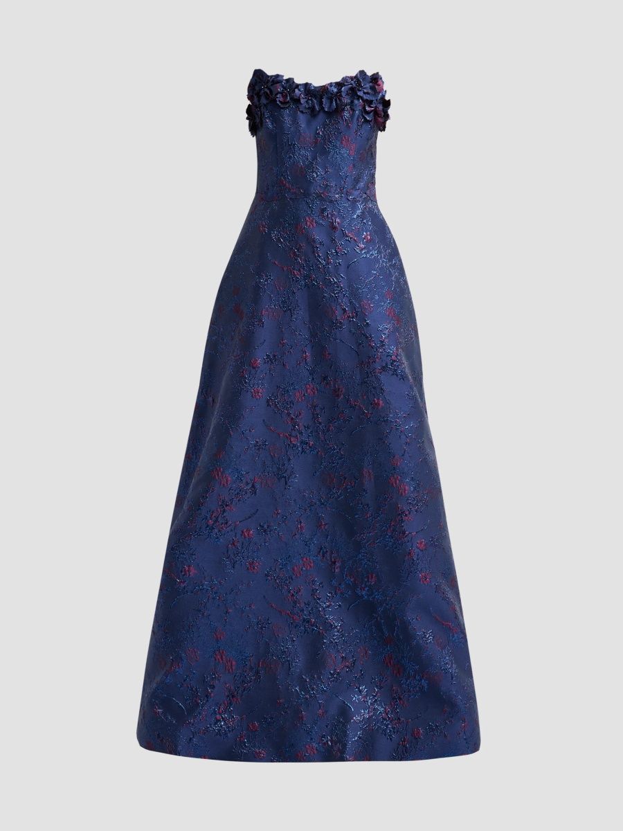 Rene Ruiz Collection Women's Floral Appliqué Jacquard Strapless Gown - Navy - Size 2