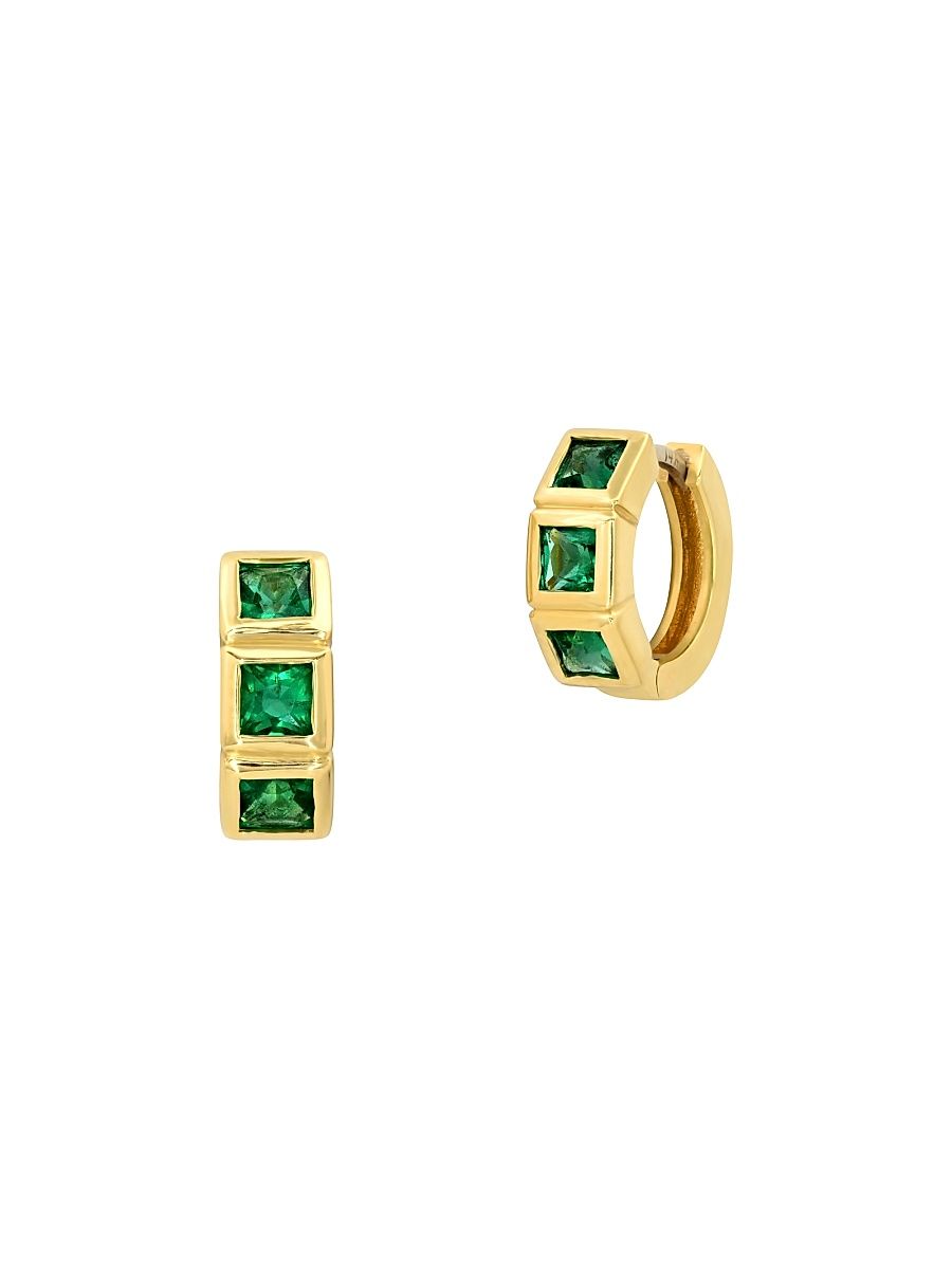 Women's 14K Yellow Gold & Emerald Framed Huggie Hoop Earrings - Emerald
