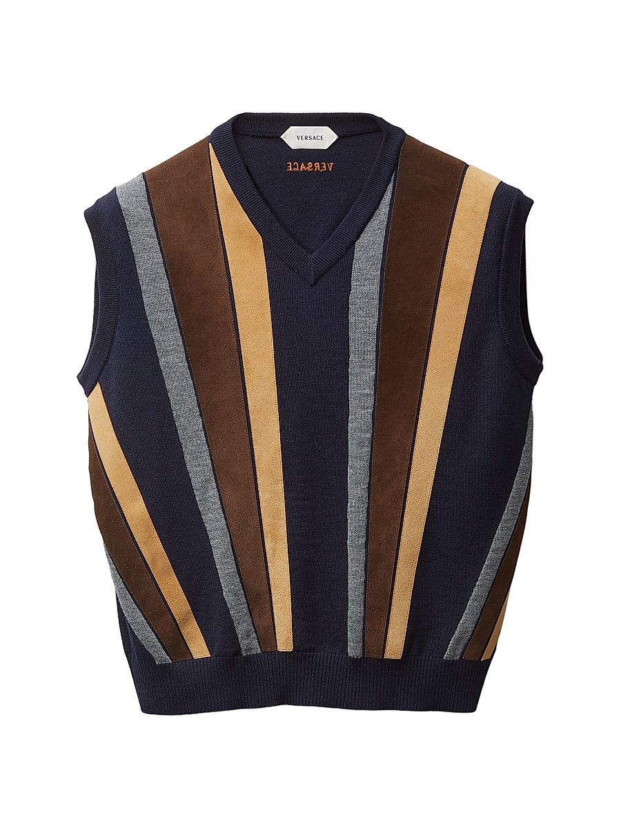 Women's Striped Leather Patchwork Sleeveless Virgin Wool Top - Navy - Size 4