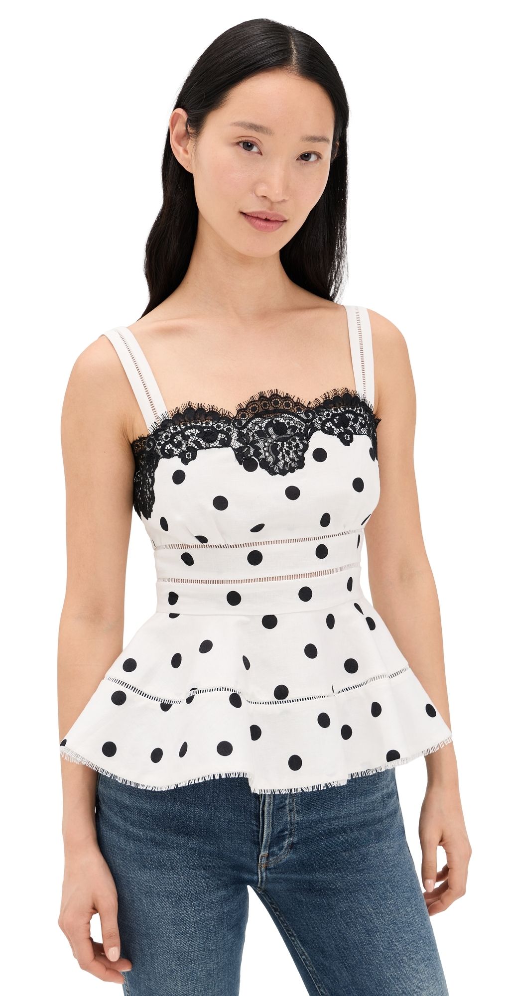 Self Portrait White Polka Dot Linen Top White 0