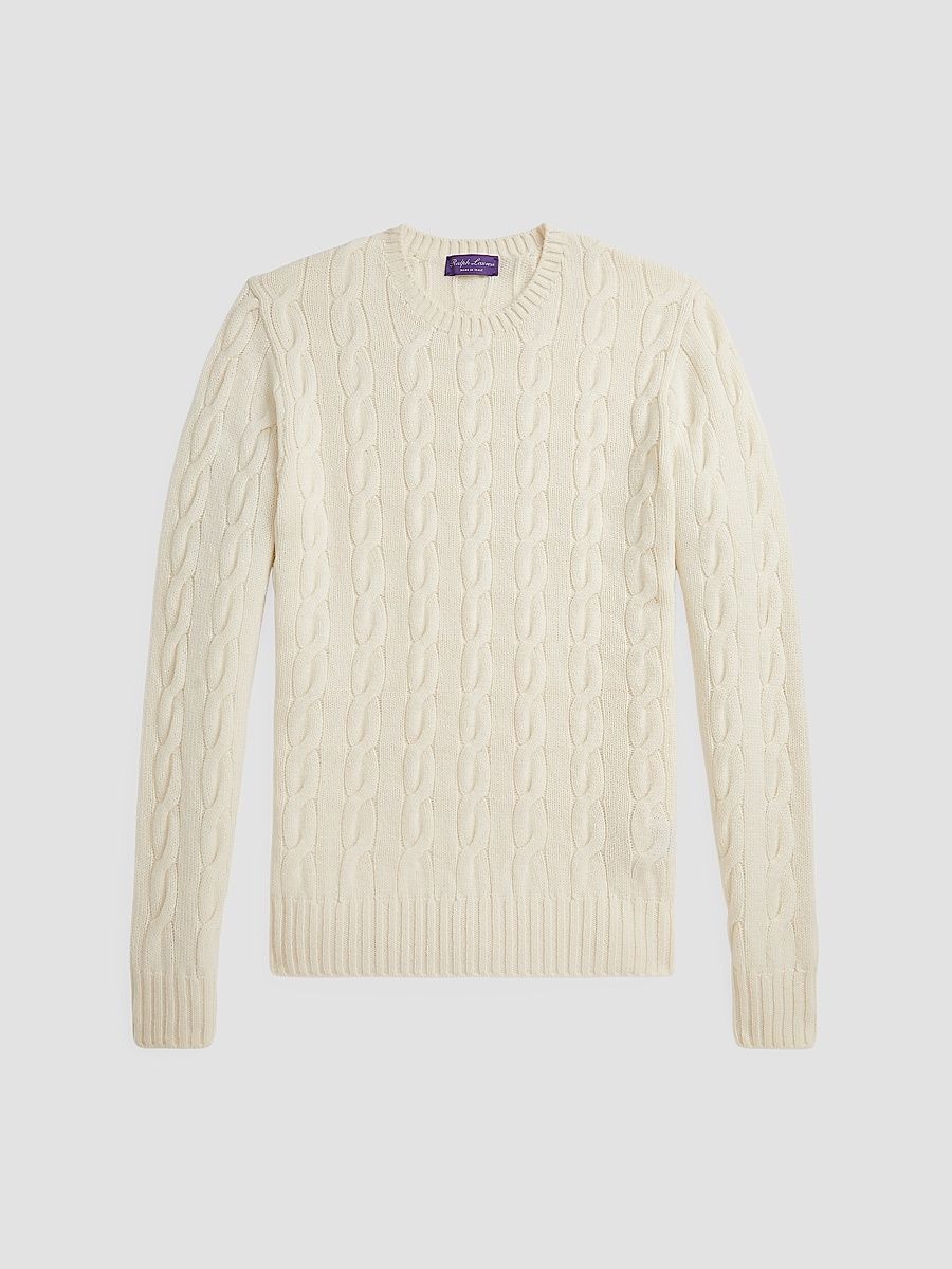 Men's Cable-Knit Cashmere Crewneck Sweater - Classic Cream - Size Medium
