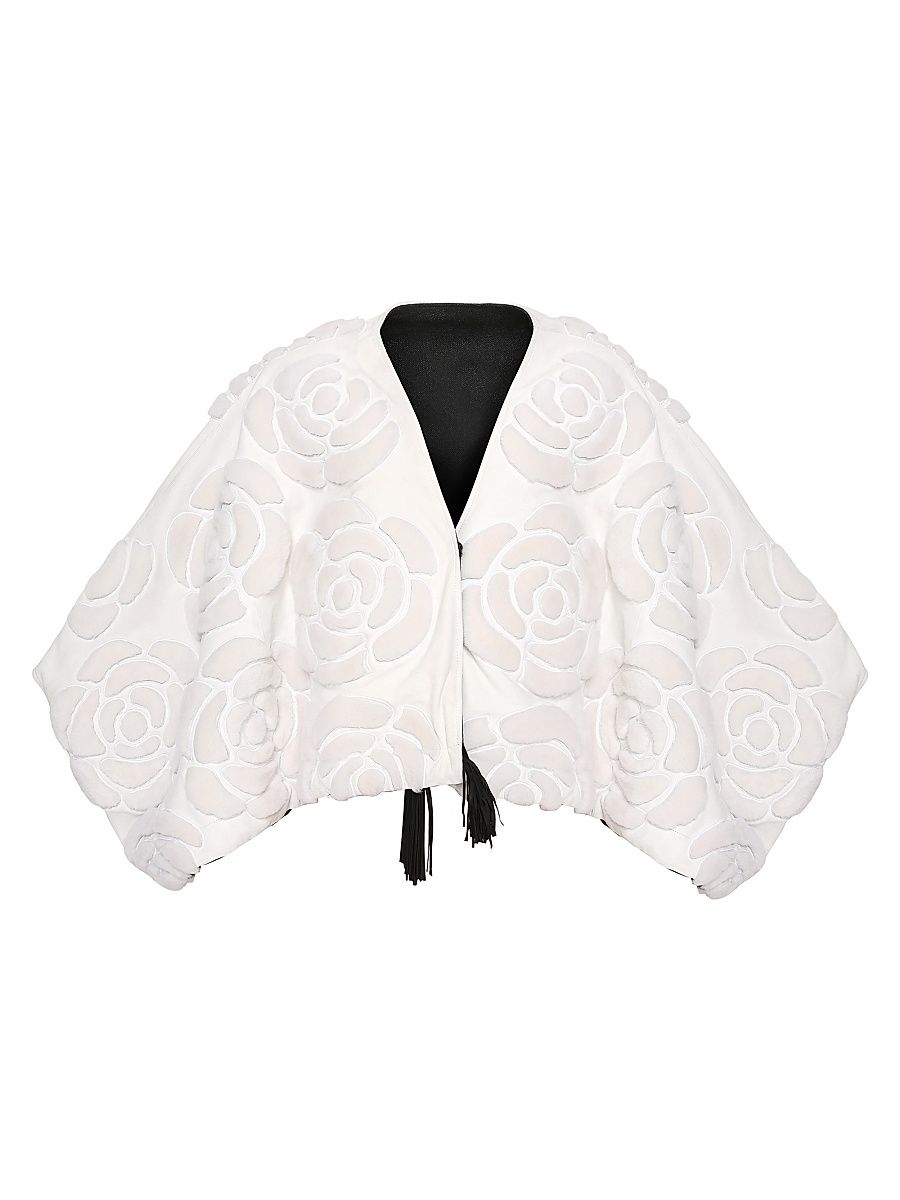 Women's Lamb Floral Embroidered Jacket - White - Size Medium