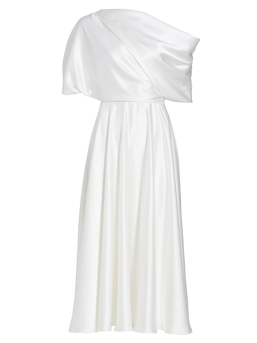 Women's Draped Off-The-Shoulder Satin Midi-Dress - Ivory - Size 14