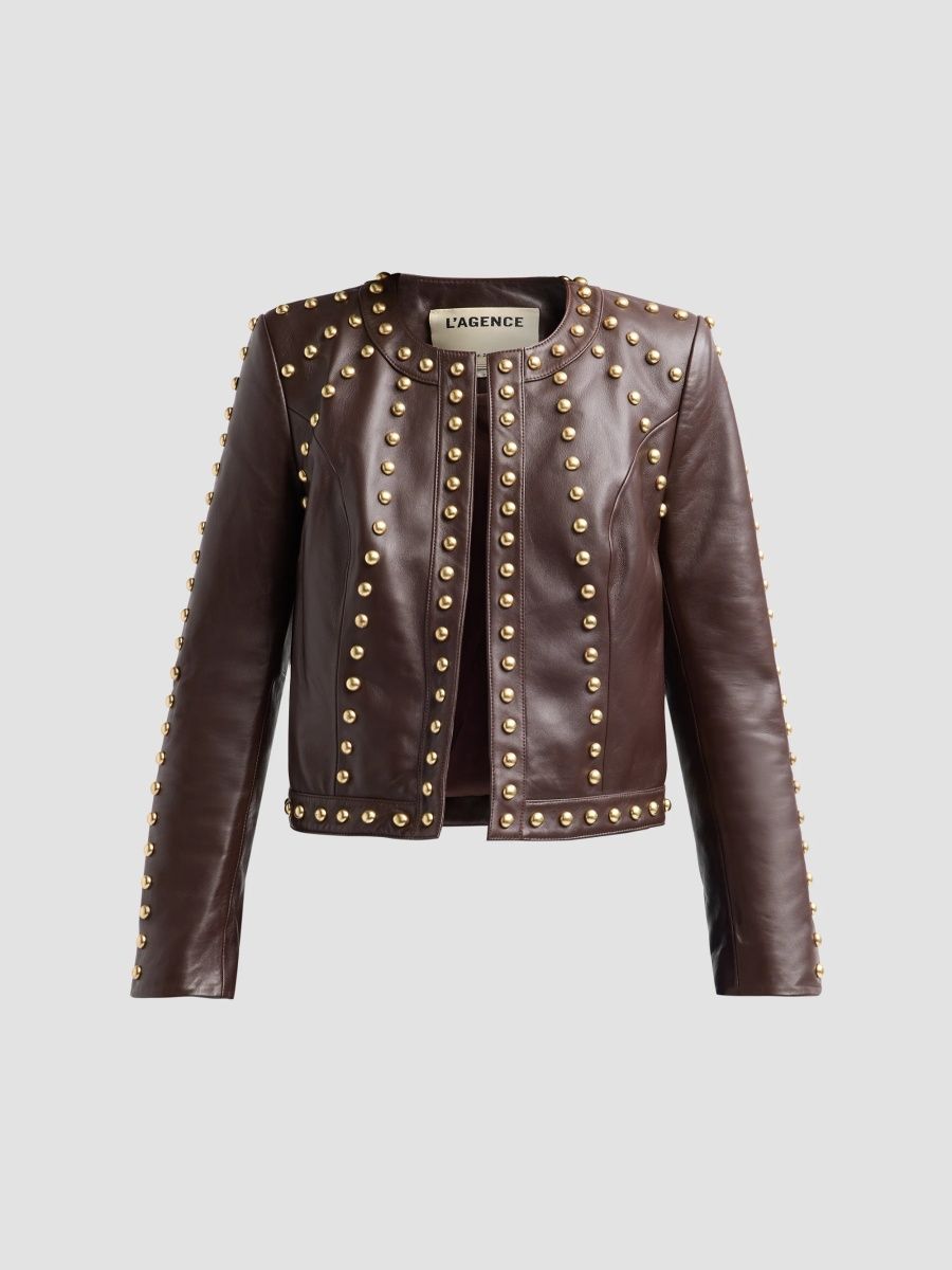 L'AGENCE Women's Fia Studded Collarless Leather Jacket - Chocolate Gold - Size 10
