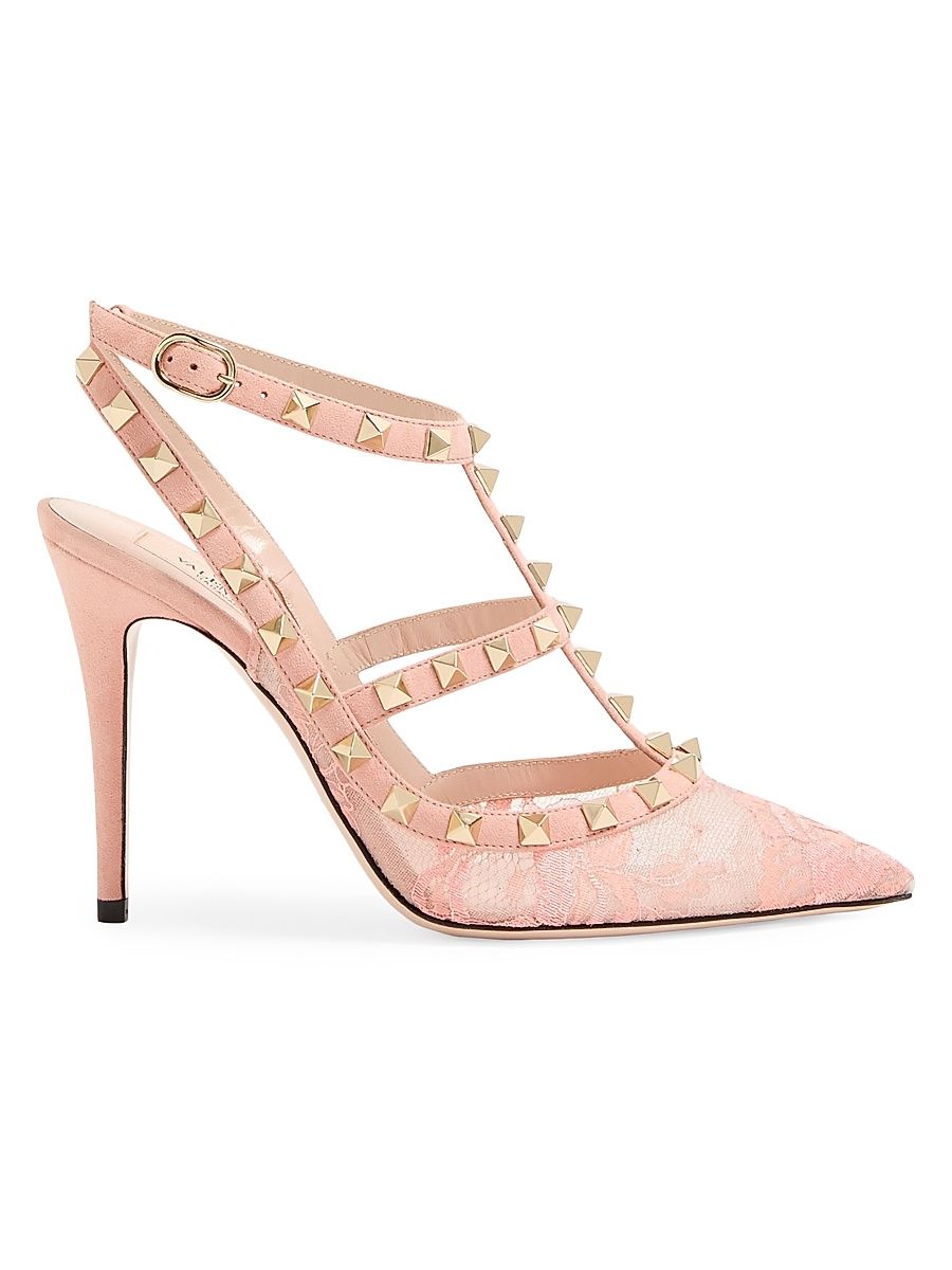 Women's Rockstud 100MM Lace Pump with Straps - Peach Rose - Size 7