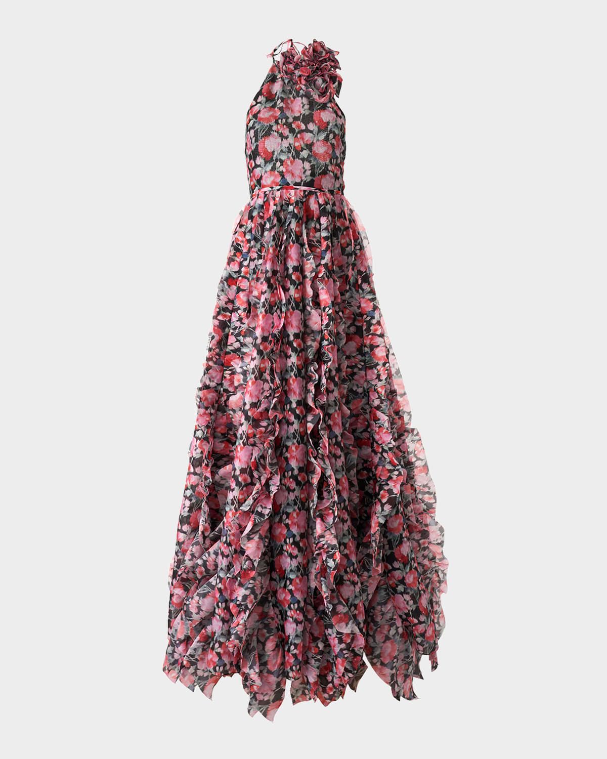 Corsage Halter Floral Ruffle Gown